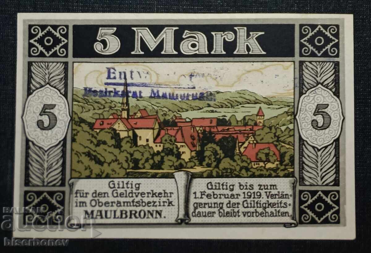 Germania, Germania, 5 mărci Maulbronn 1918, UNC cu preț 18.00 BGN | € 9.20 Germania, Germania, 5 mărci Maulbronn 1918, UNC cu preț 18.00 BGN | € 9.20
