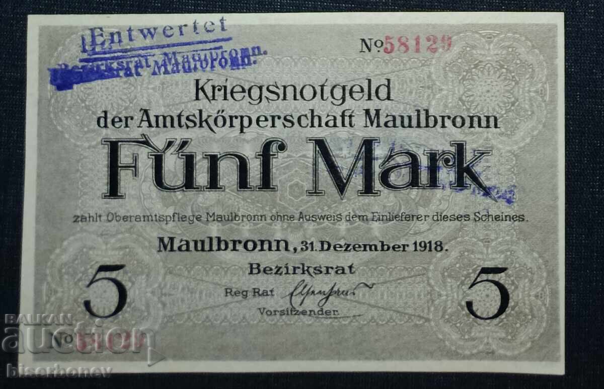 Germania, Germania, 5 mărci Maulbronn 1918, UNC Germania, Germania, 5 mărci Maulbronn 1918, UNC