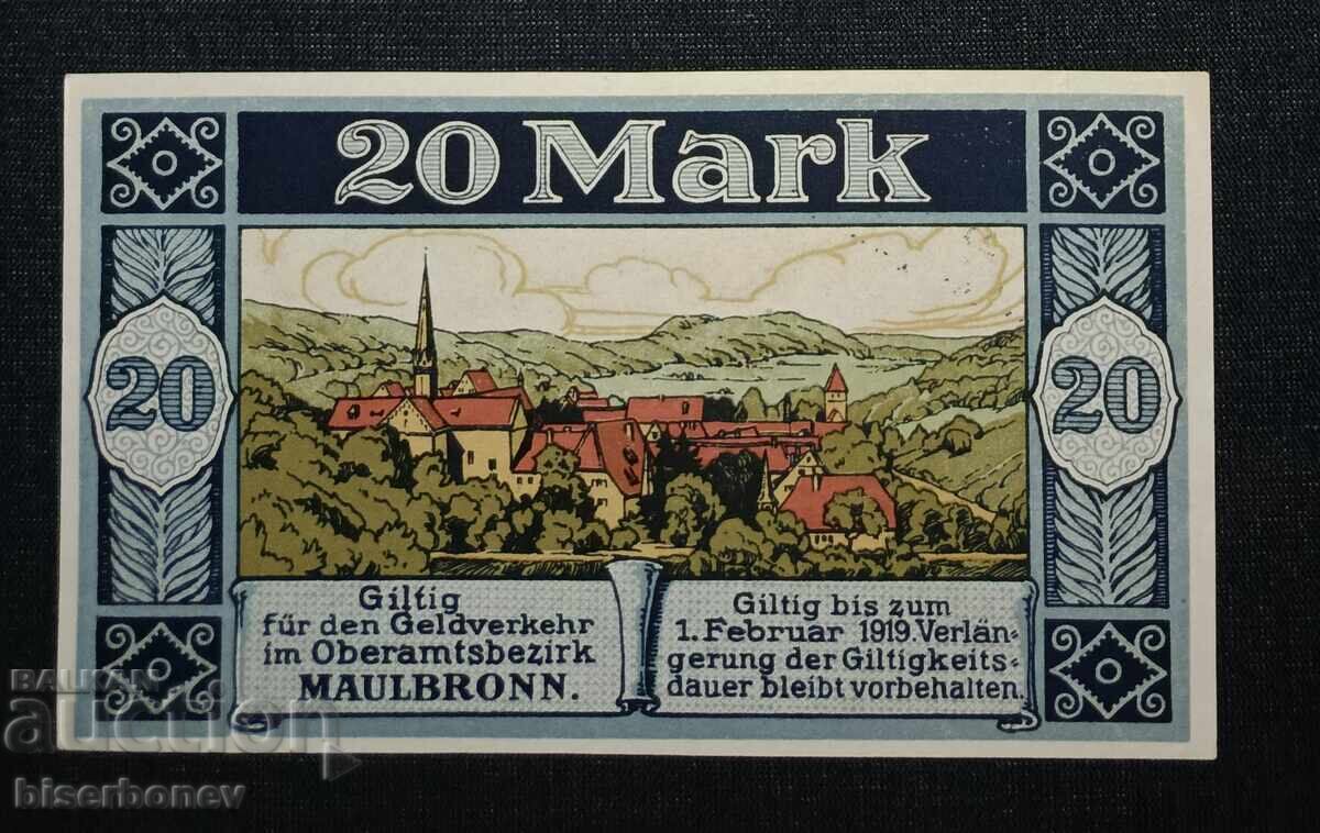 Germania, Germania, 20 mărci Maulbronn 1918, UNC cu preț 22.00 BGN | € 11.25