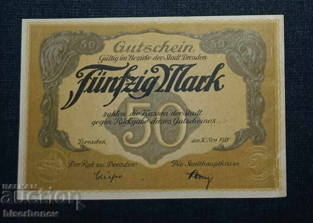Germany, Dresden 50 Mark, 1918, aUNC/UNC -1