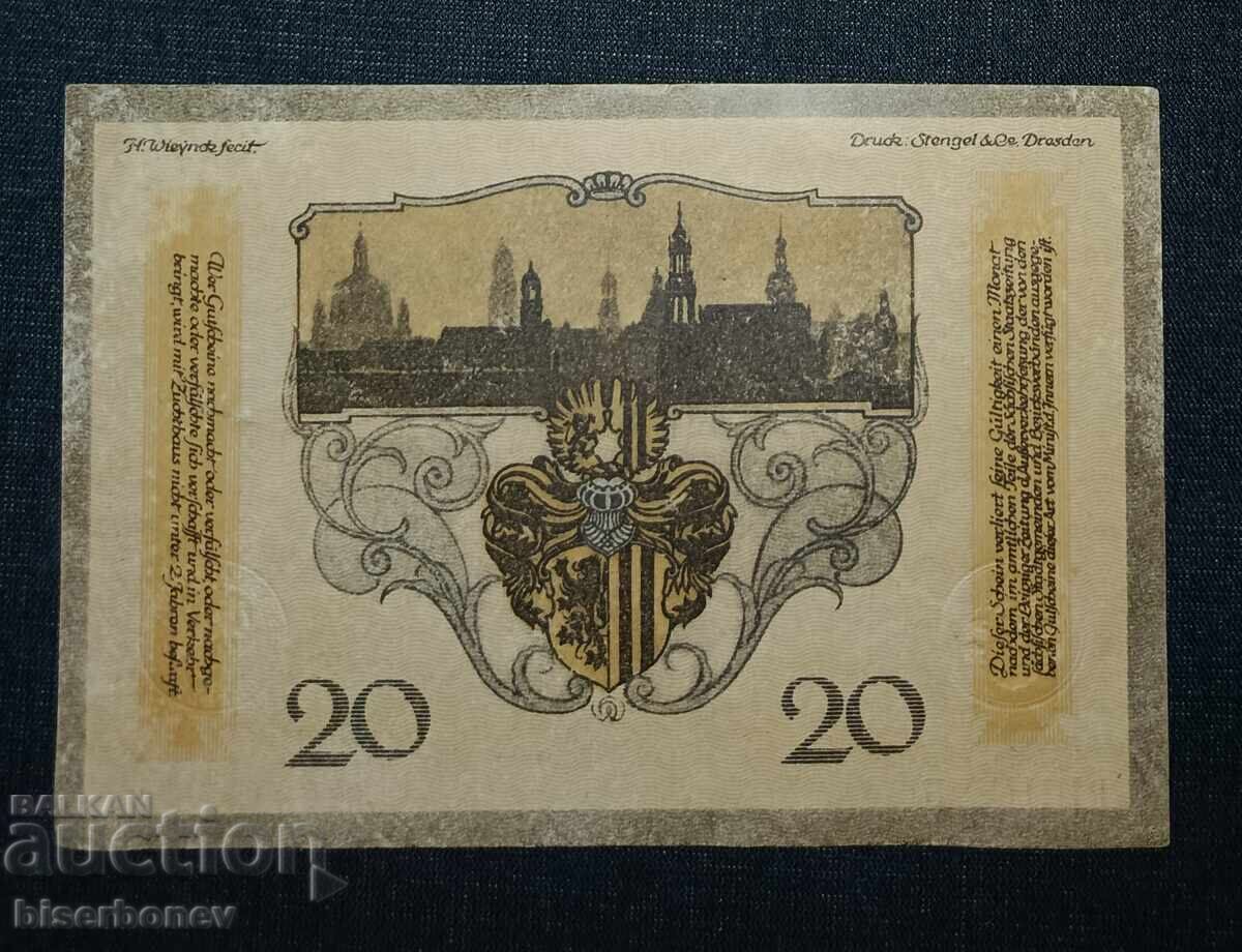 Γερμανία, Γερμανία, 20 μάρκα Δρέσδης, 1918, aUNC με τιμή 16.00 BGN | € 8.18
