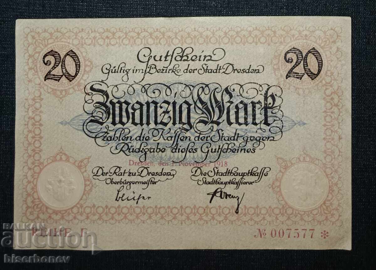 Γερμανία, Γερμανία, 20 μάρκα Δρέσδης, 1918, aUNC