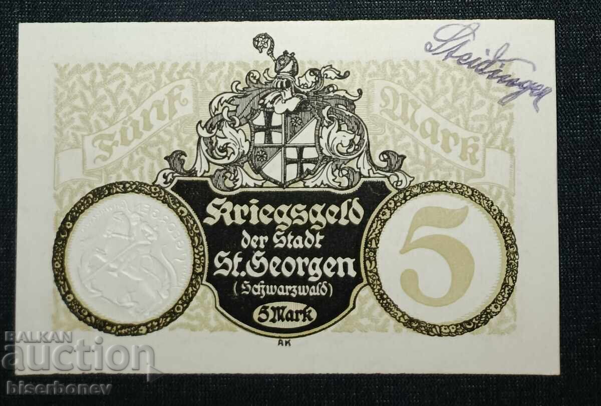 Germany, Германия, 5 марки Сент Джорджен , 1918 г, UNC с цена 16.00 лв. | € 8.18