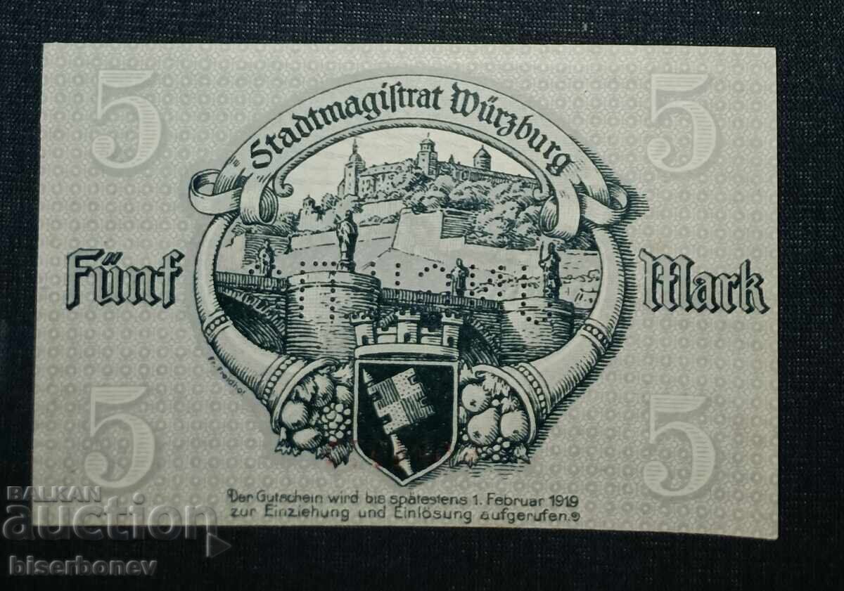 Germany, Германия, 5 марки Вюрцбург , 1918 г, UNC с цена 18.00 лв. | € 9.20