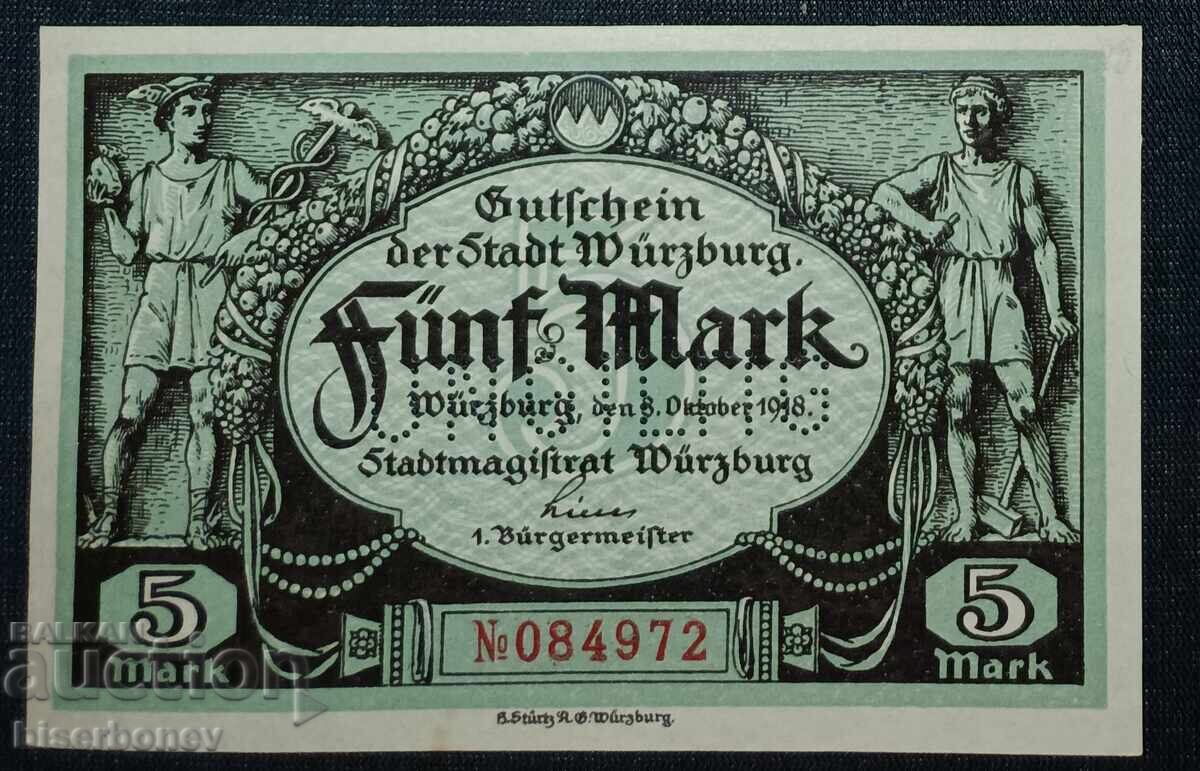 Germany, Германия, 5 марки Вюрцбург , 1918 г, UNC