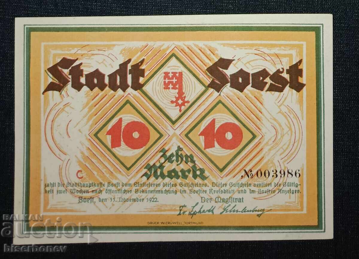 Γερμανία, Γερμανία, 10 μάρκα Soest, 1918 g, UNC Γερμανία, Γερμανία, 10 μάρκα Soest, 1918 g, UNC