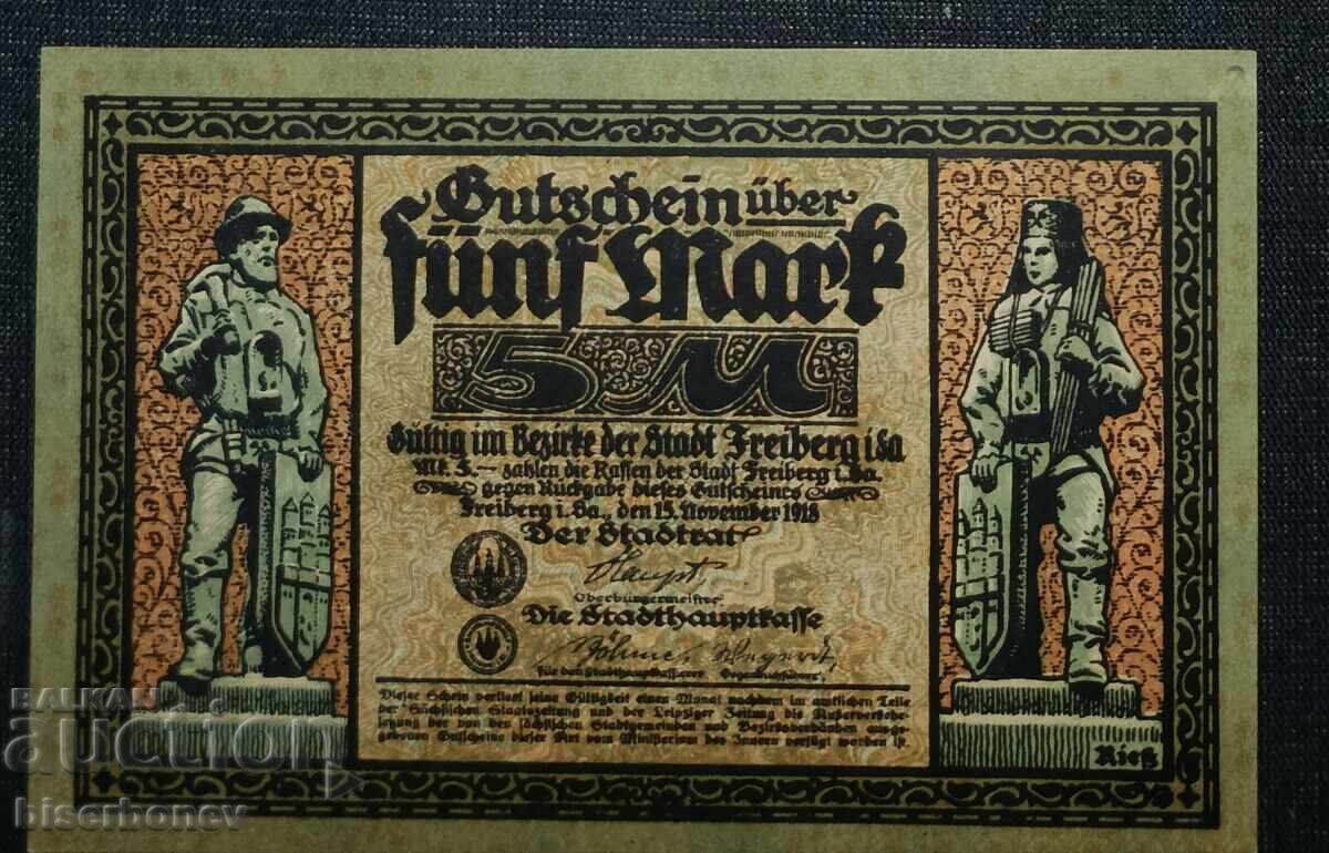 Germany, Germany, 5 Mark Freiberg, 1918, aUNC/UNC-1