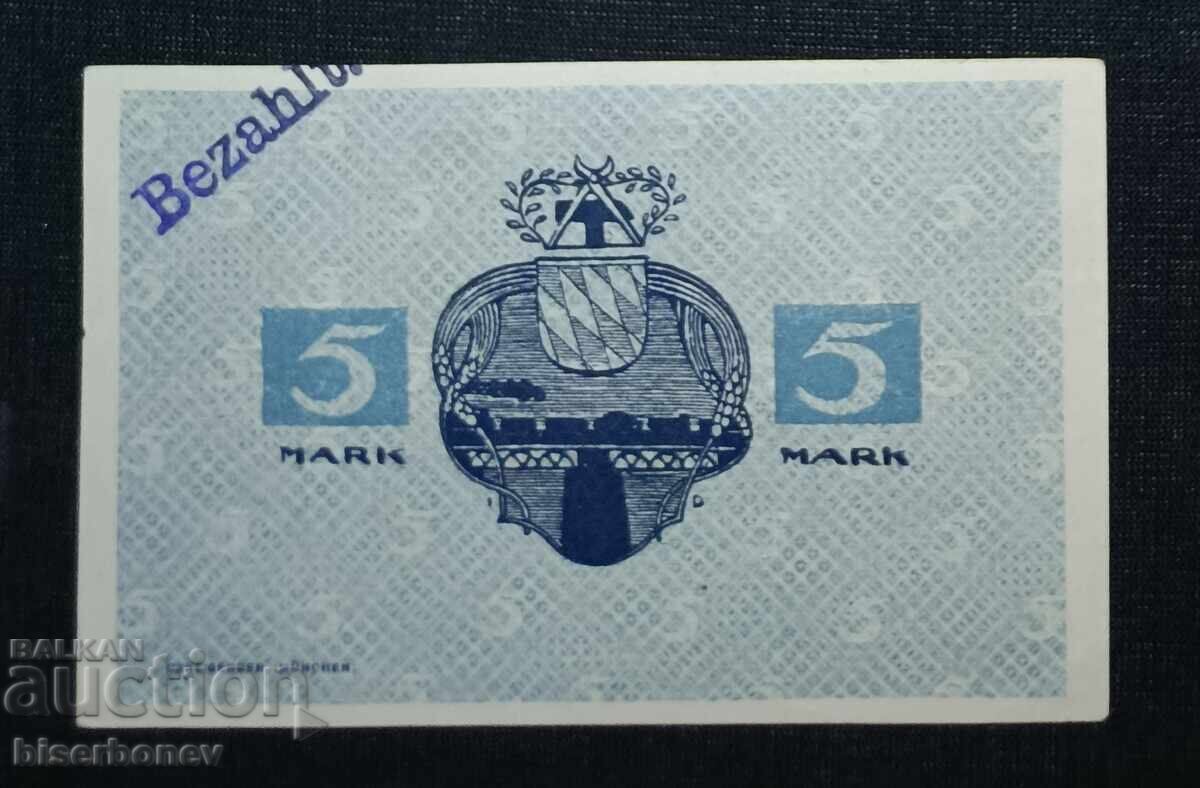Germany, Германия, 5 марки Мюнхен/Байерн,1918 г, UNC с цена 13.00 лв. | € 6.65 Germany, Германия, 5 марки Мюнхен/Байерн,1918 г, UNC с цена 13.00 лв. | € 6.65