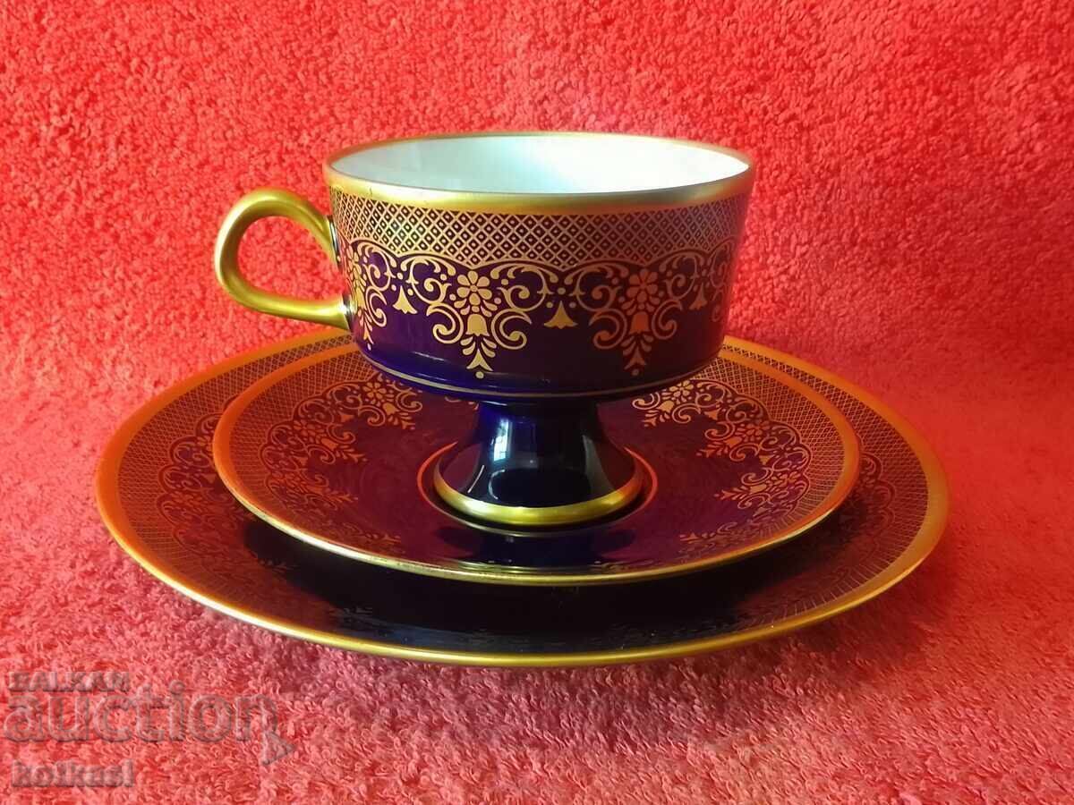 Set vechi triplu LICHTE Cobalt - ceașcă, 2 farfurii Germania RDG