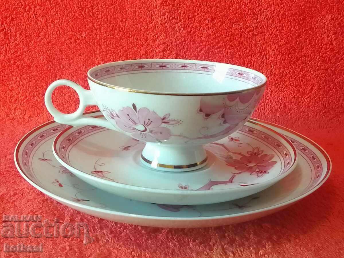 Old triple set WALLENDORF - cup, 2 plates Germany GDR flowers