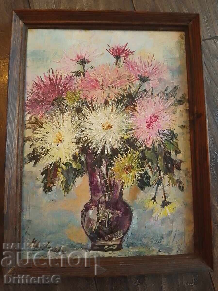 Still life, oil on fiberboard, signed