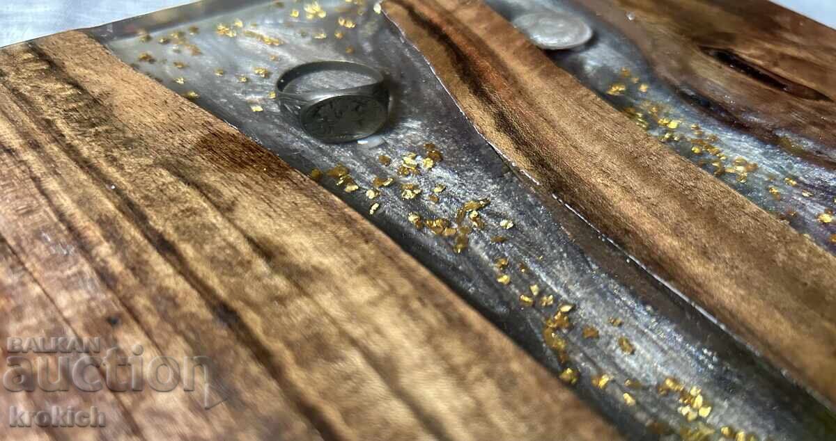 Walnut serving board with epoxy resin and silver with price 139.99 BGN | € 71.58
