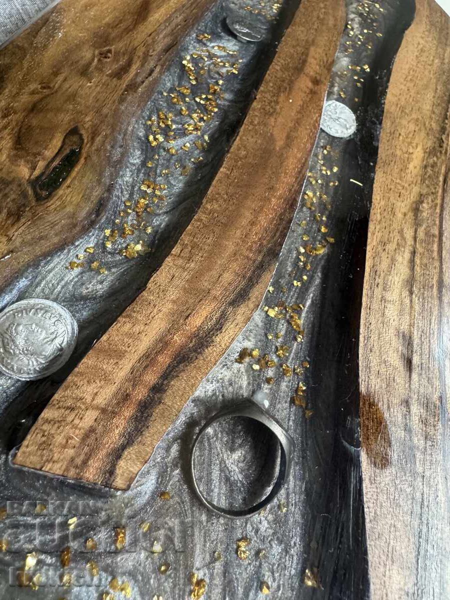 Auction  Walnut serving board with epoxy resin and silver