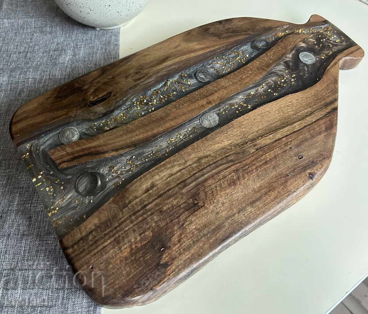 Walnut serving board with epoxy resin and silver