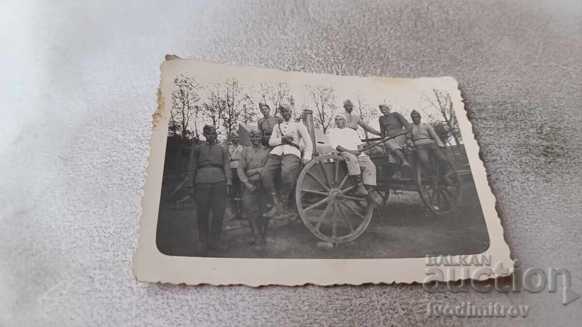 Photo of Officer and Soldiers with Field Kitchen Photo of Officer and Soldiers with Field Kitchen