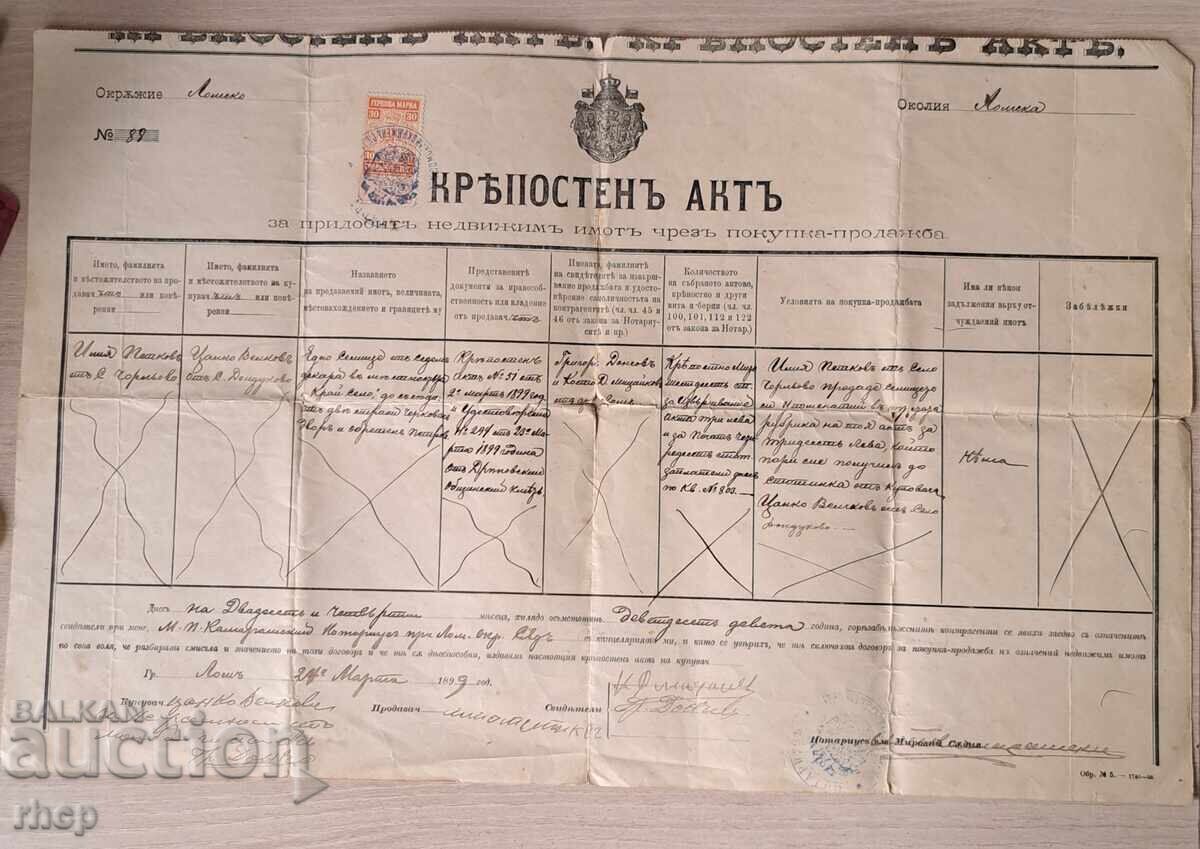 1899 Mortgage Deed with Revenue Stamp, Principality of Bulgaria 1899 Mortgage Deed with Revenue Stamp, Principality of Bulgaria