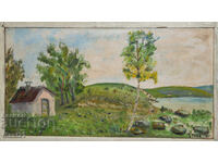 Tablou în ulei peisaj rural, idilă țărănească, semnat 1981