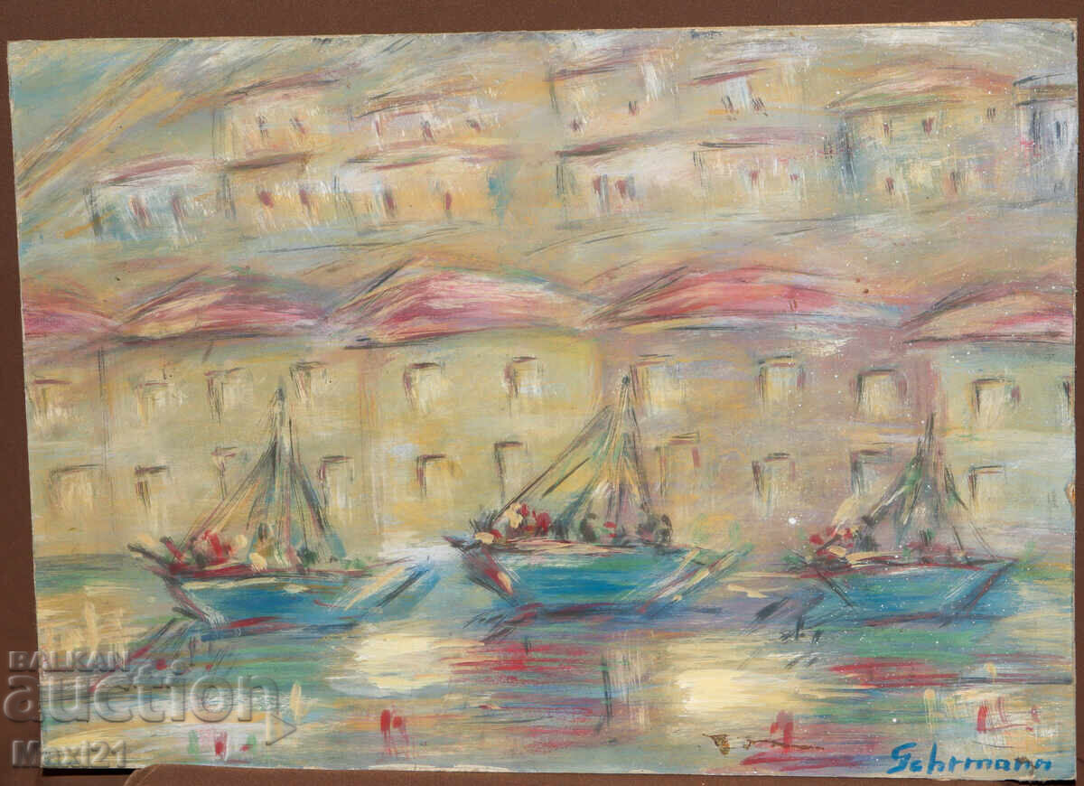 Oil painting, cityscape with boats with price 220.00 BGN | € 112.48
