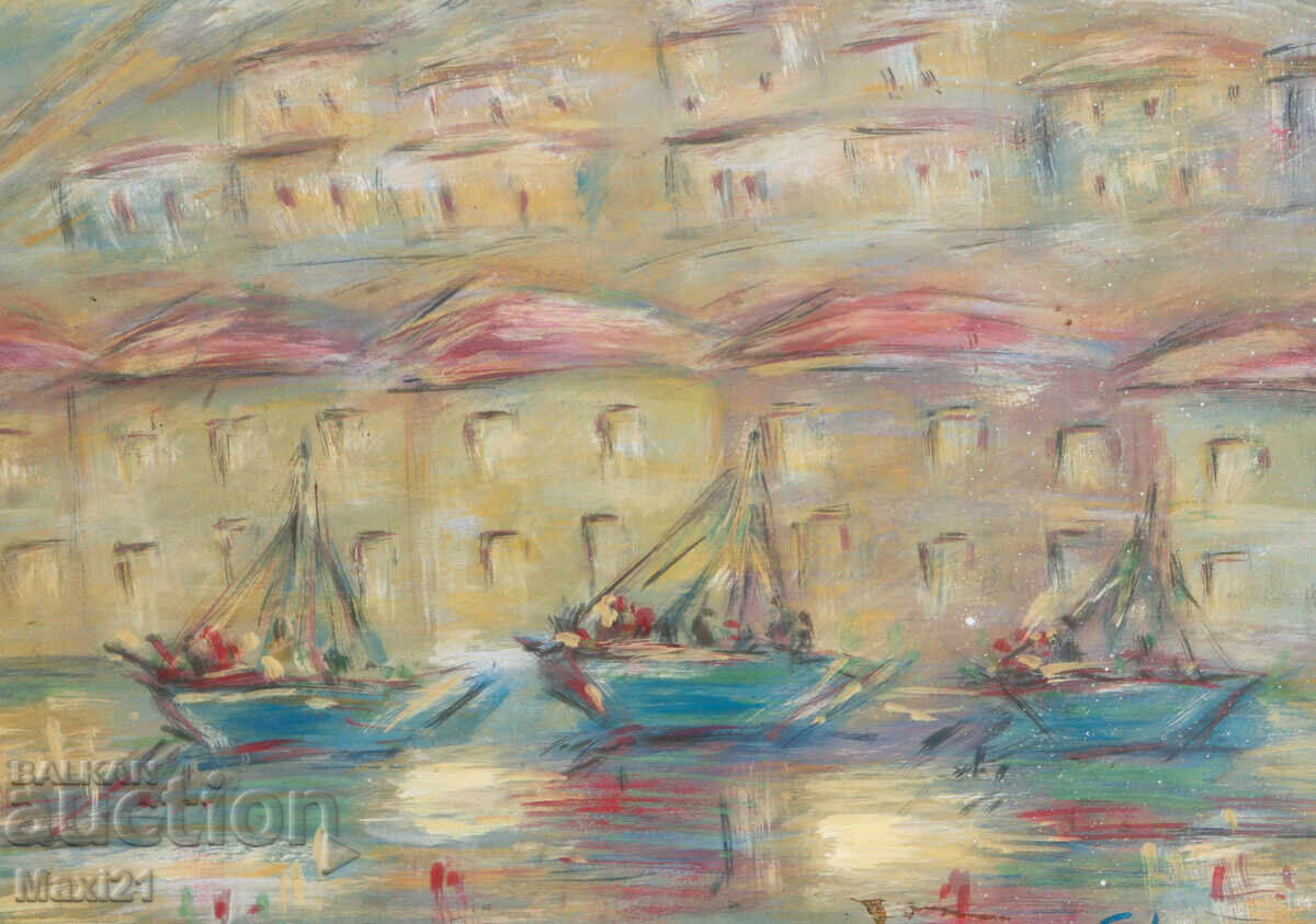 Auction  Oil painting, cityscape with boats