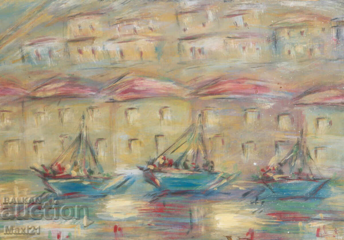 Oil painting, cityscape with boats