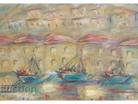 Pictură în ulei peisaj urban cu bărci