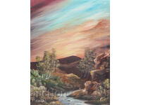 Tablou în ulei peisaj de râu, natură frumoasă