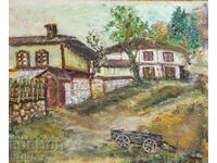 Pictură în ulei peisaj de viață, case țărănești