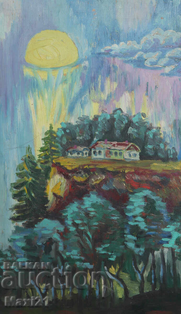 Licitație Pictură în ulei peisaj natural, casă la munte Licitație Pictură în ulei peisaj natural, casă la munte