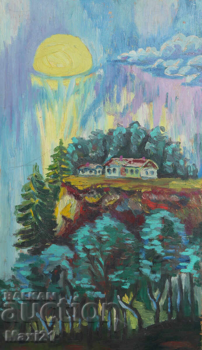 Pictură în ulei peisaj natural, casă la munte Pictură în ulei peisaj natural, casă la munte