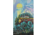 Pictură în ulei peisaj natural, casă la munte