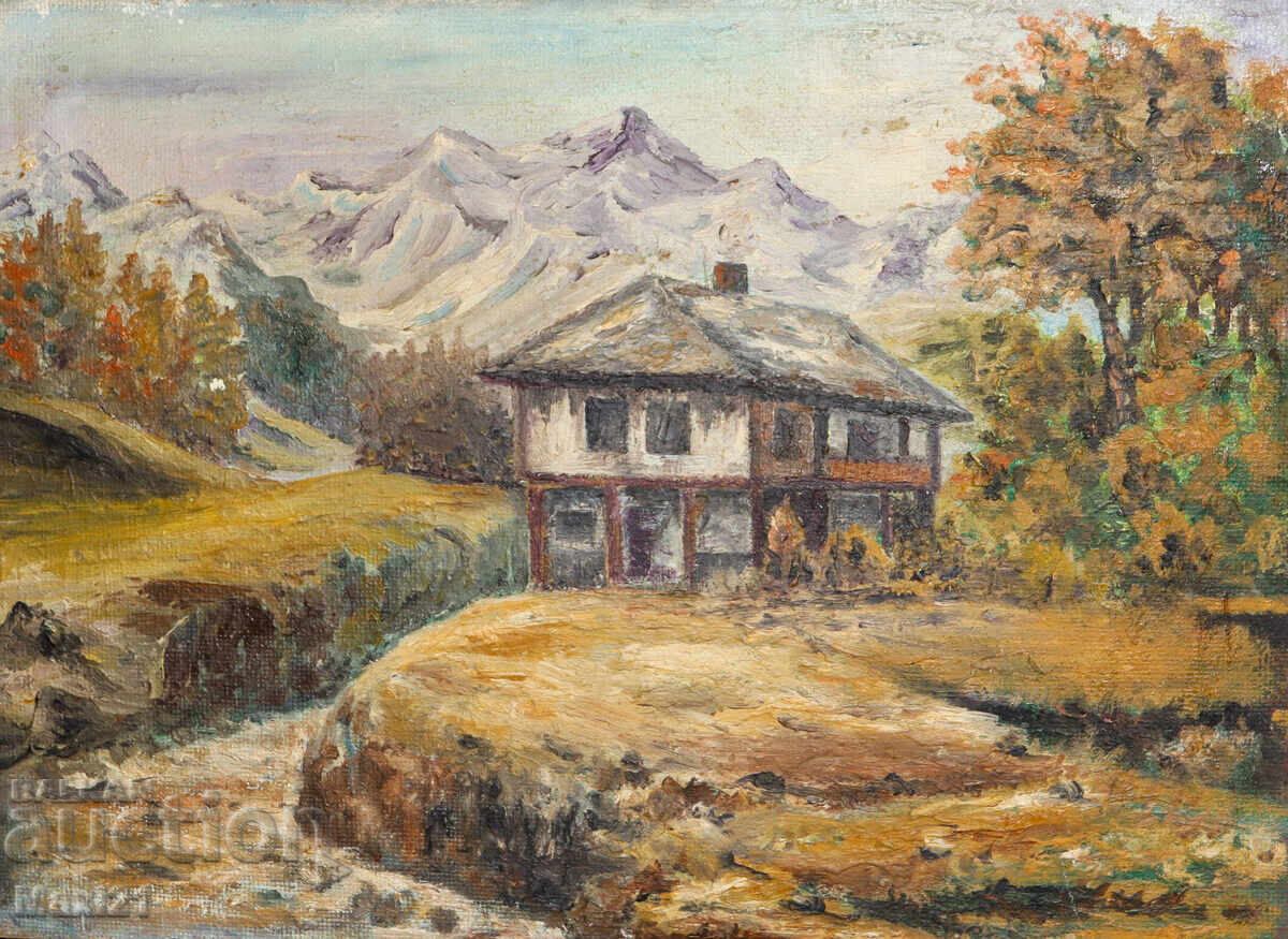 Oil painting natural landscape, house in the mountains Oil painting natural landscape, house in the mountains