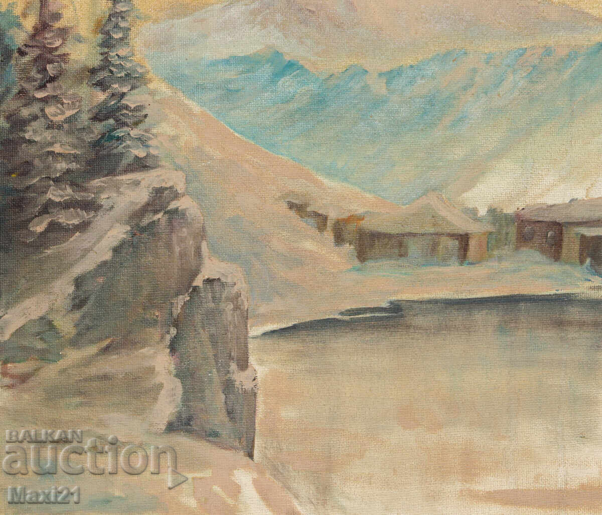 Έργο ζωγραφικής με λάδι χειμερινό τοπίο φύση υπογεγραμμένο 83 ε - 5