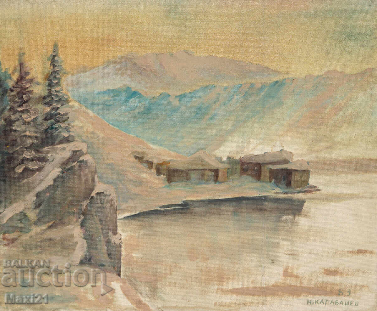 Έργο ζωγραφικής με λάδι χειμερινό τοπίο φύση υπογεγραμμένο 83 ε