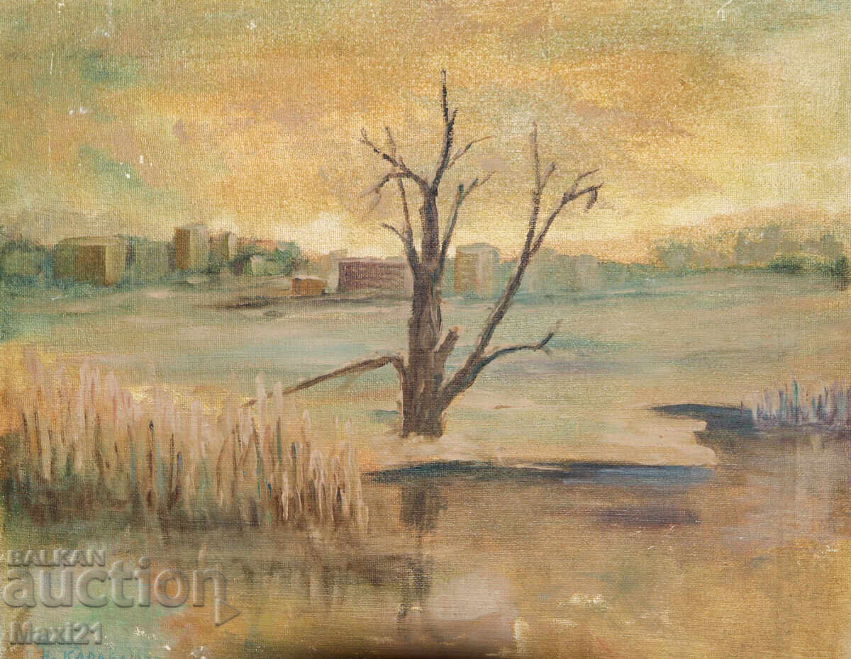 Oil painting city landscape nature signed 83y