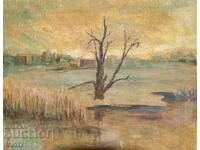 Tablou ulei pe pânză peisaj urban natură semnat 83