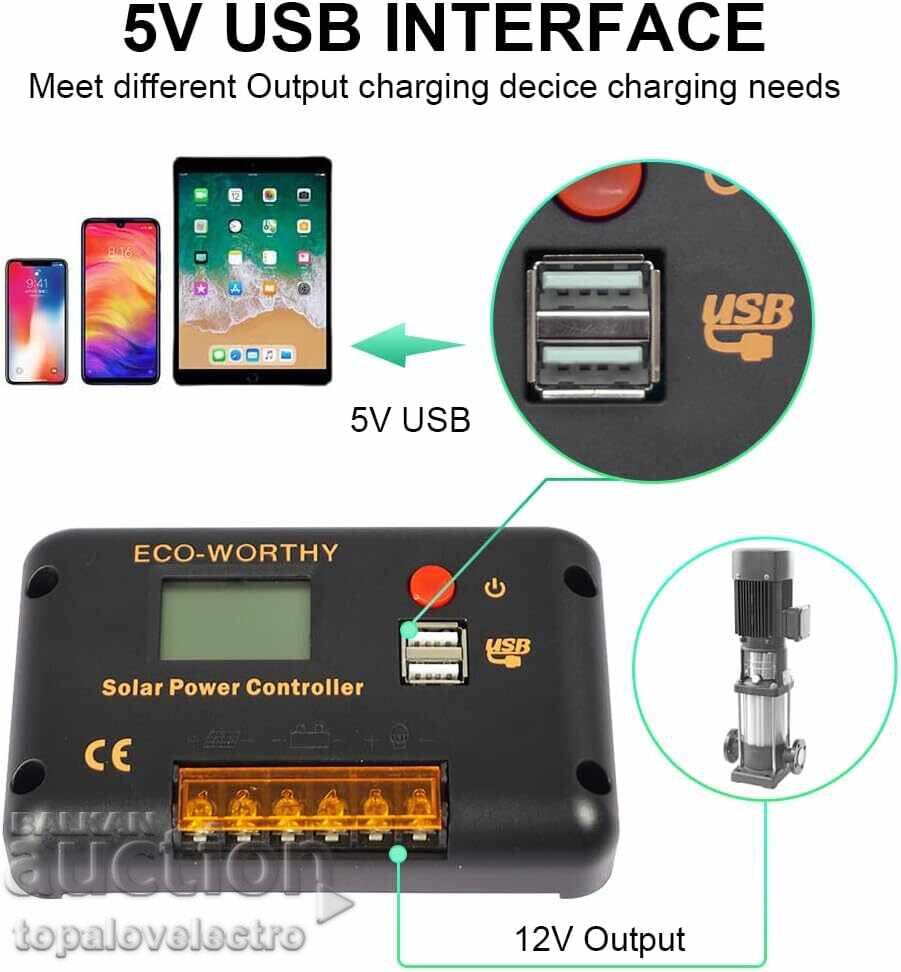 30A соларен контролер с LCD дисплей и USB портове – 12V/24V с цена 34.00 лв. | € 17.38