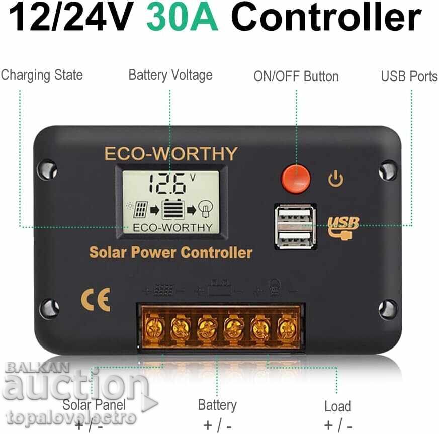 Аукцион 30A соларен контролер с LCD дисплей и USB портове – 12V/24V