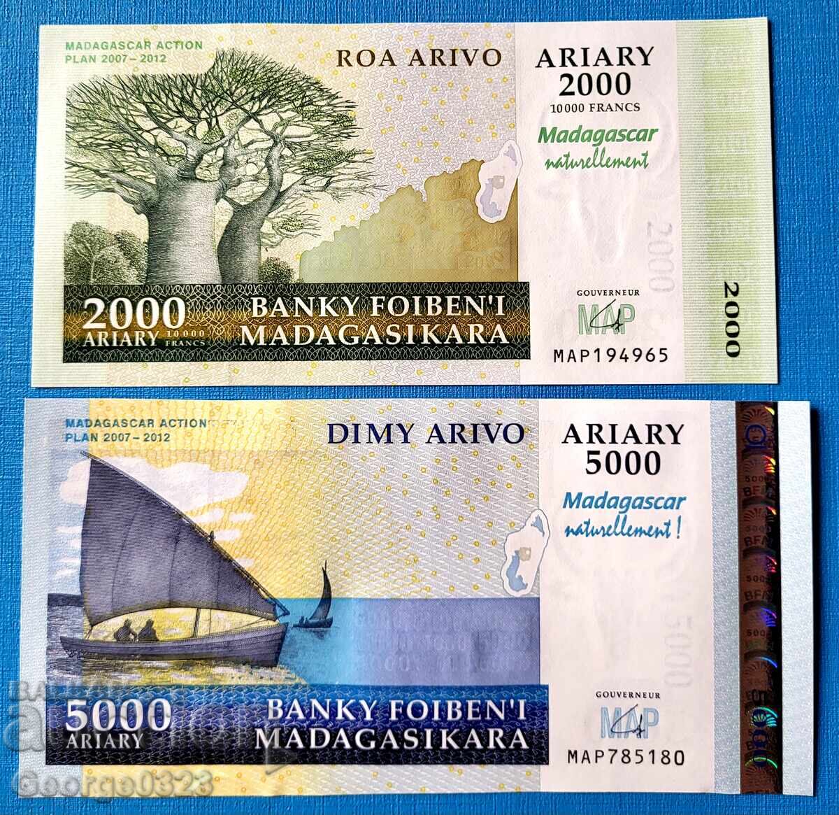 Мадагаскар 2 броя сет 2008 2000 5000 ариари UNC Нови Мадагаскар 2 броя сет 2008 2000 5000 ариари UNC Нови