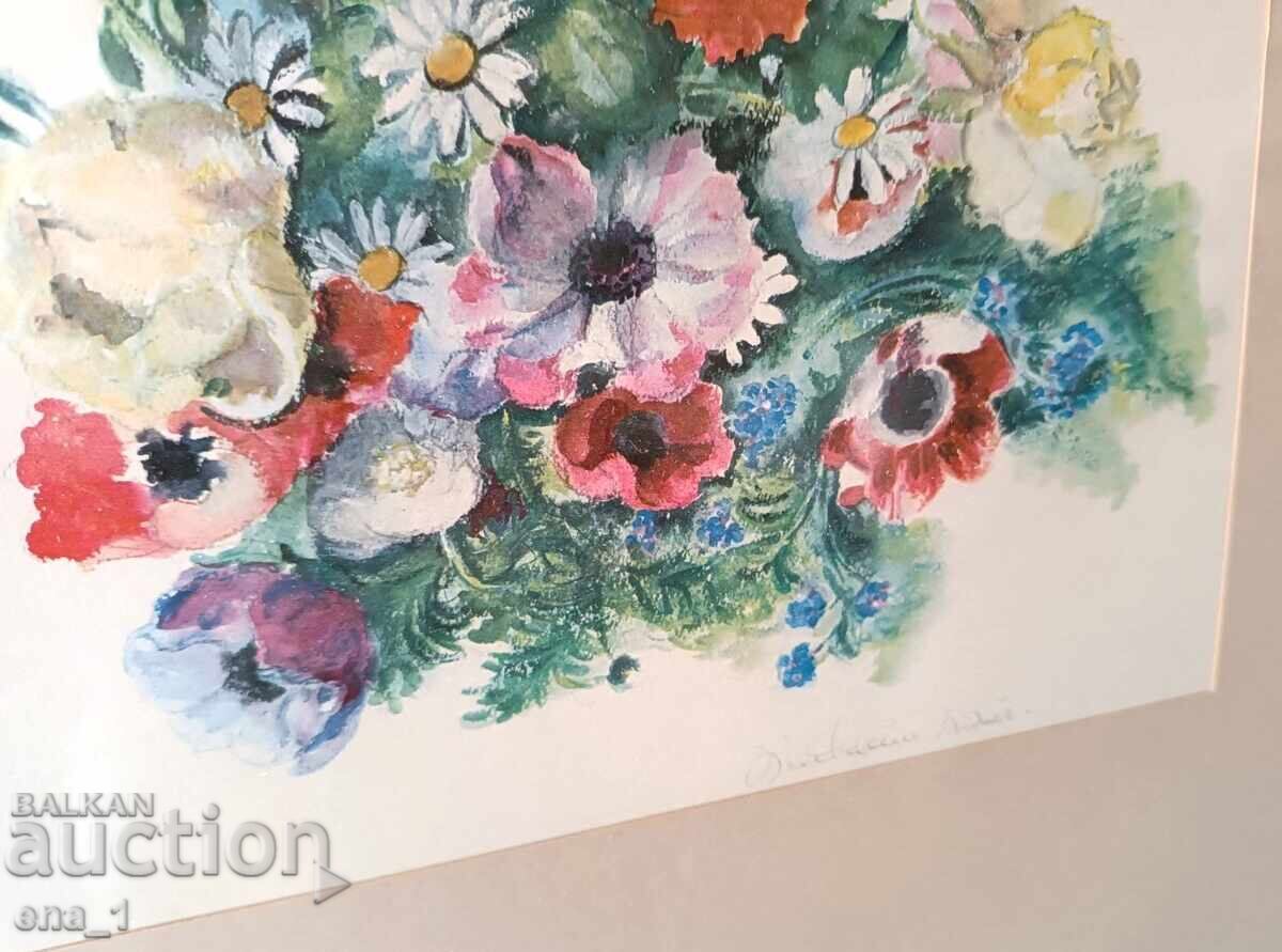 Аукцион Великолепен акварелен натюрморт в рамка, подписан