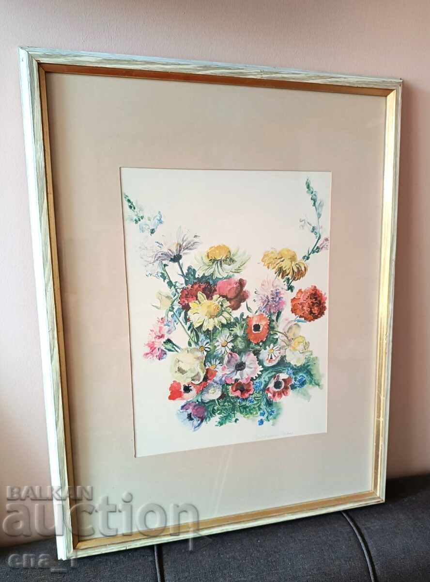 Доставка на Великолепен акварелен натюрморт в рамка, подписан