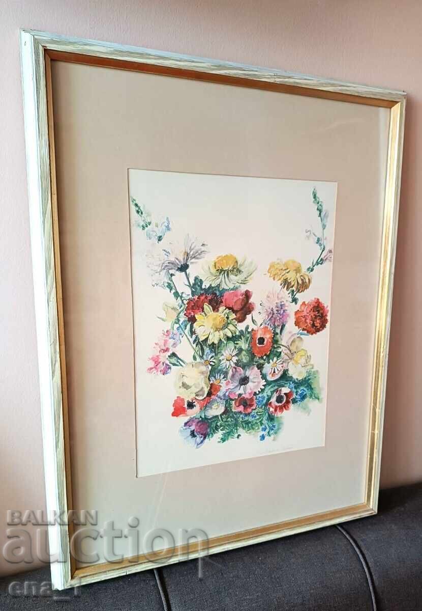 Великолепен акварелен натюрморт в рамка, подписан - 6