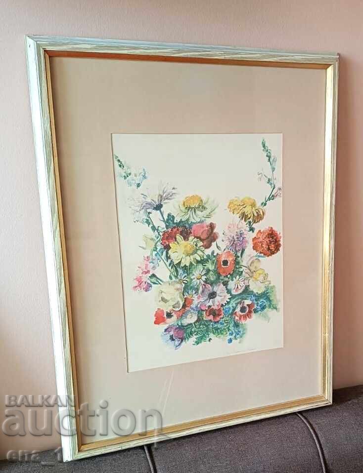Великолепен акварелен натюрморт в рамка, подписан