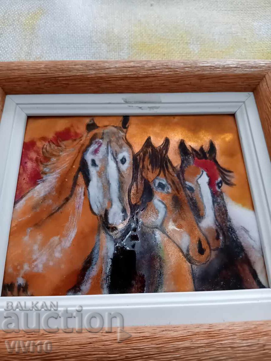 Старинна картина, метал, емаил, коне с цена € 55.00 | 107.57 лв.