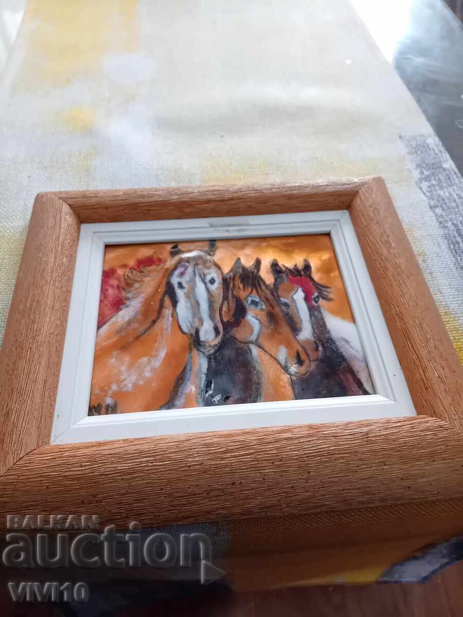 Старинна картина, метал, емаил, коне