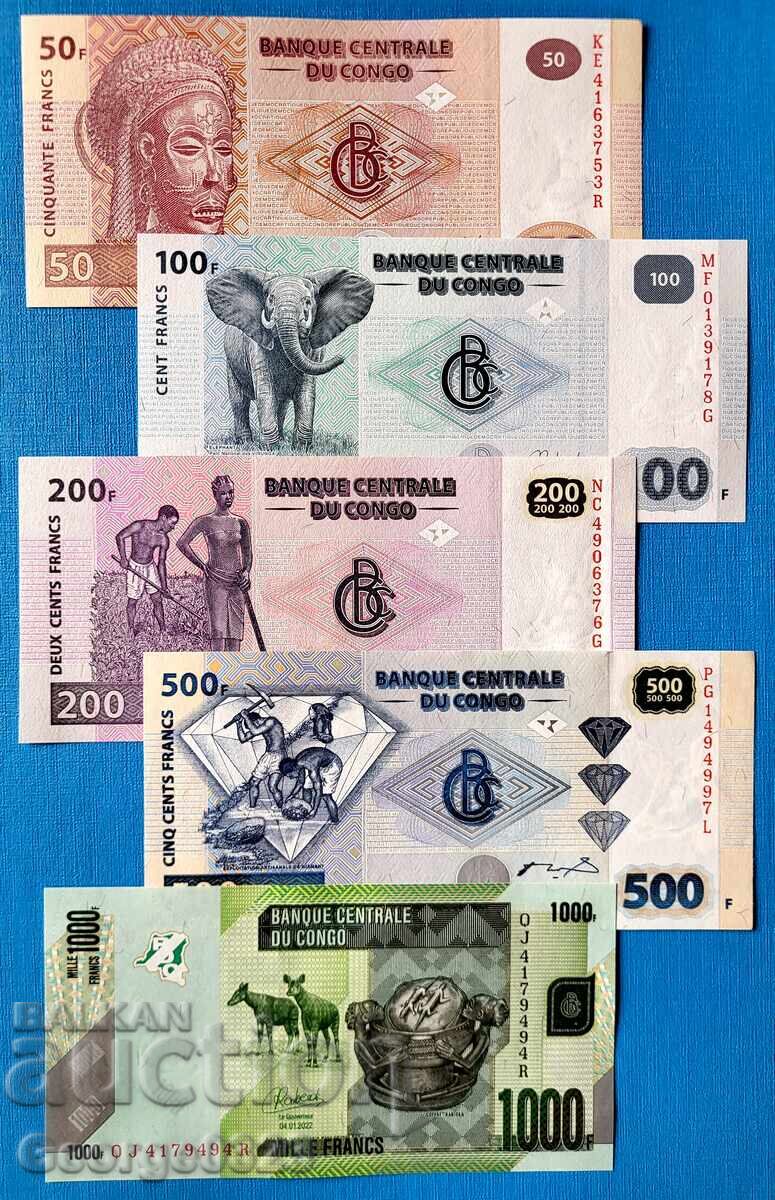 Kongo 5 broya set 50 100 200 500 1000 franci UNC Noi