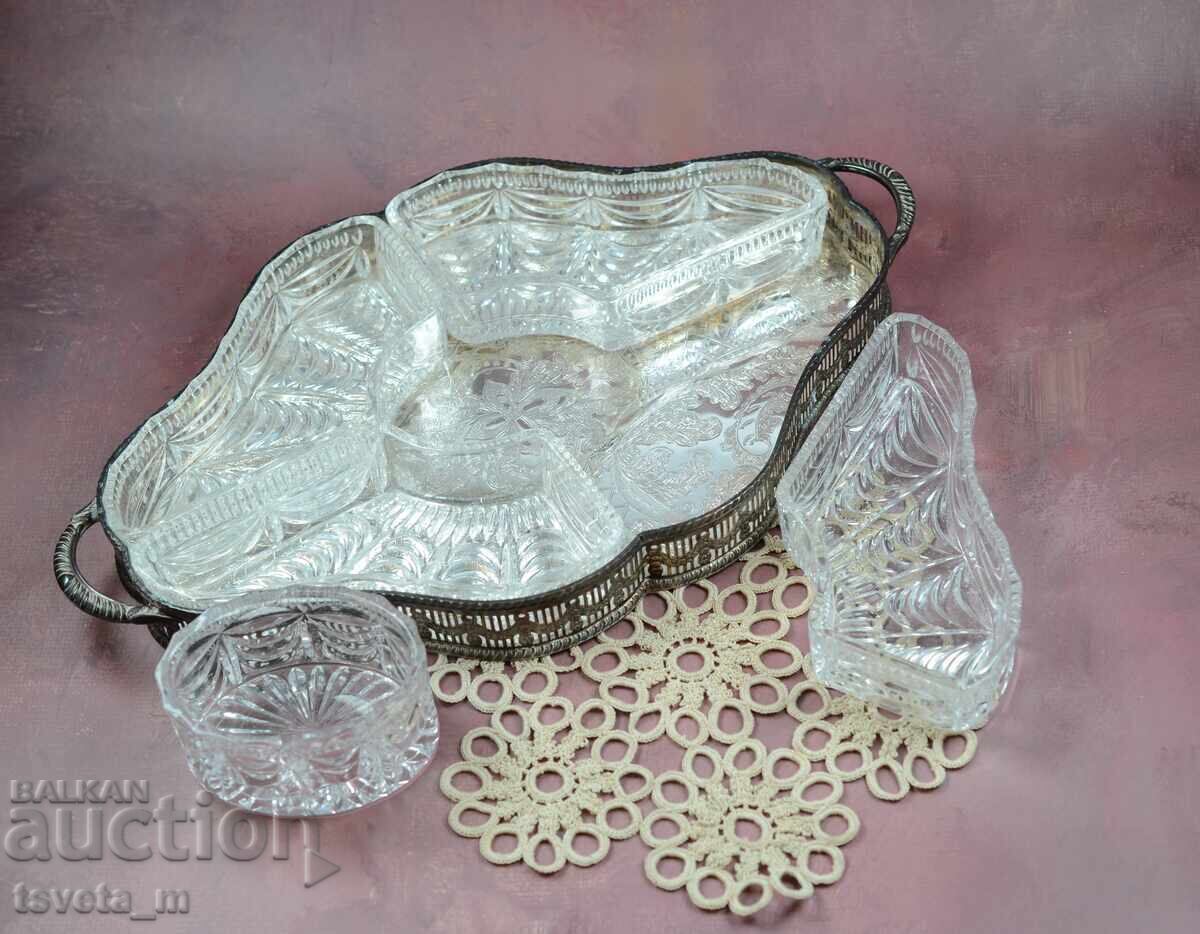 Large Silver-Plated Sheffield UK Serving Platter with Cut Crystal Dishes with price 120.00 BGN | € 61.36 Large Silver-Plated Sheffield UK Serving Platter with Cut Crystal Dishes with price 120.00 BGN | € 61.36