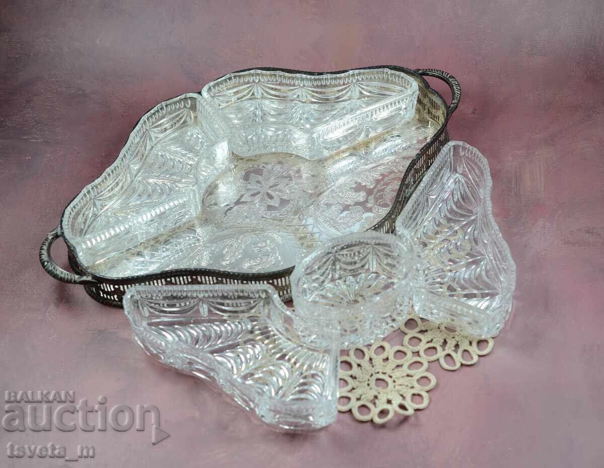 Auction Large Silver-Plated Sheffield UK Serving Platter with Cut Crystal Dishes Auction Large Silver-Plated Sheffield UK Serving Platter with Cut Crystal Dishes