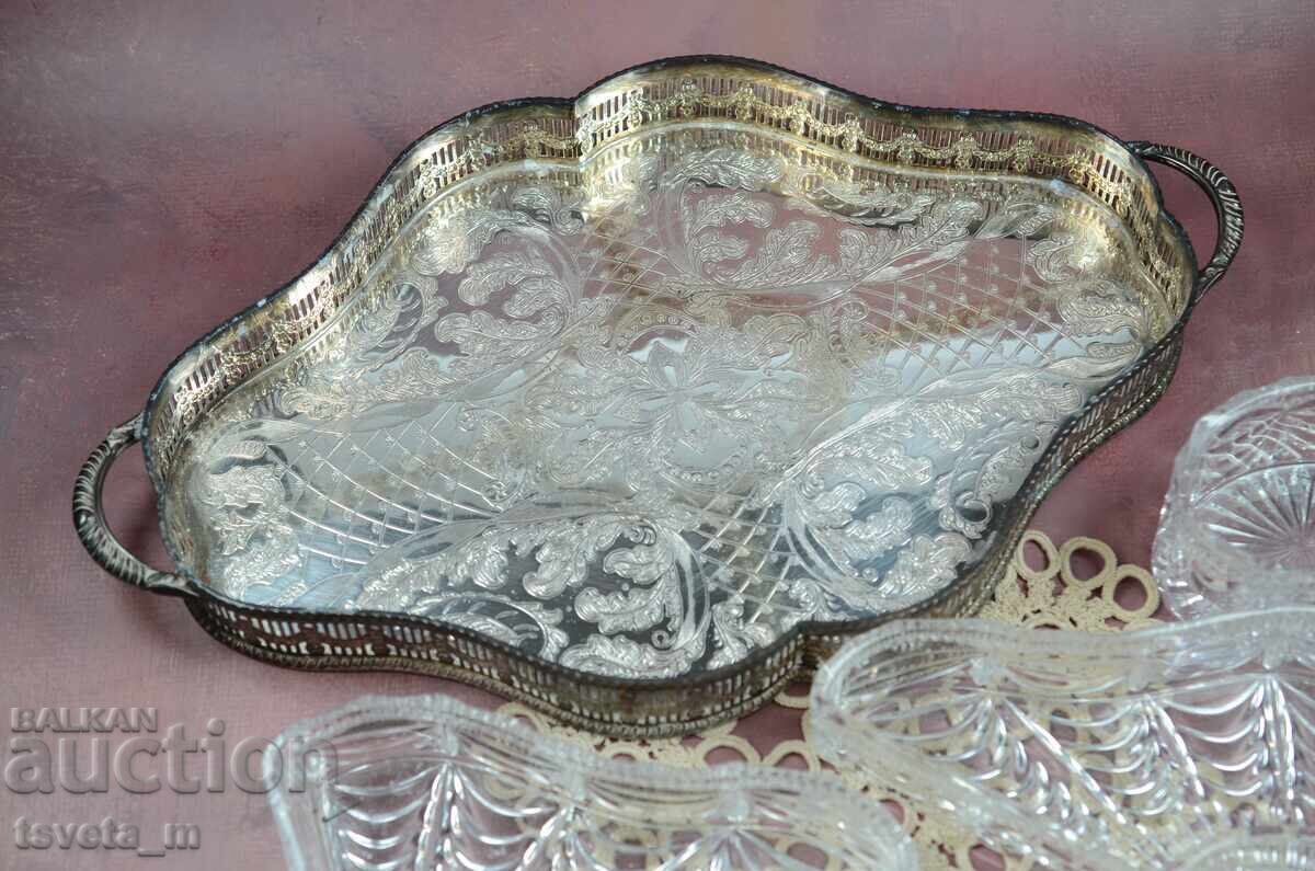Delivery of Large Silver-Plated Sheffield UK Serving Platter with Cut Crystal Dishes Delivery of Large Silver-Plated Sheffield UK Serving Platter with Cut Crystal Dishes