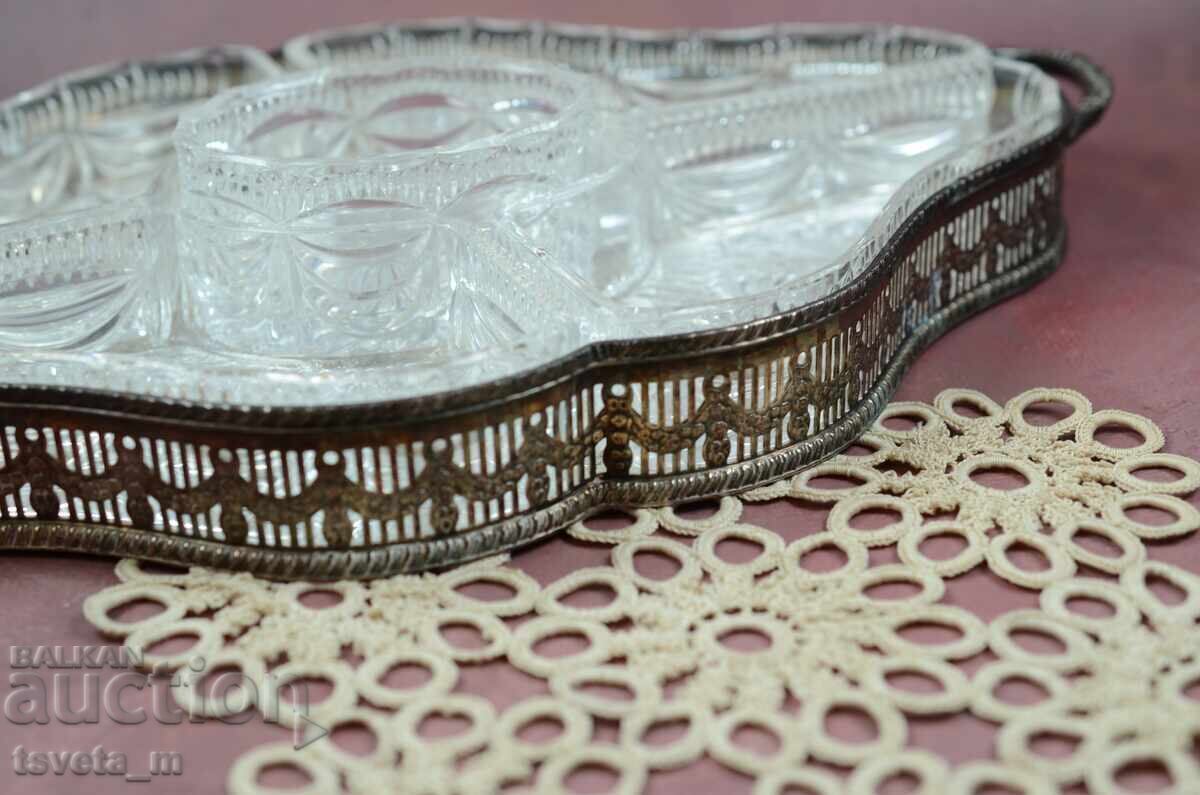 Large Silver-Plated Sheffield UK Serving Platter with Cut Crystal Dishes - 5 Large Silver-Plated Sheffield UK Serving Platter with Cut Crystal Dishes - 5