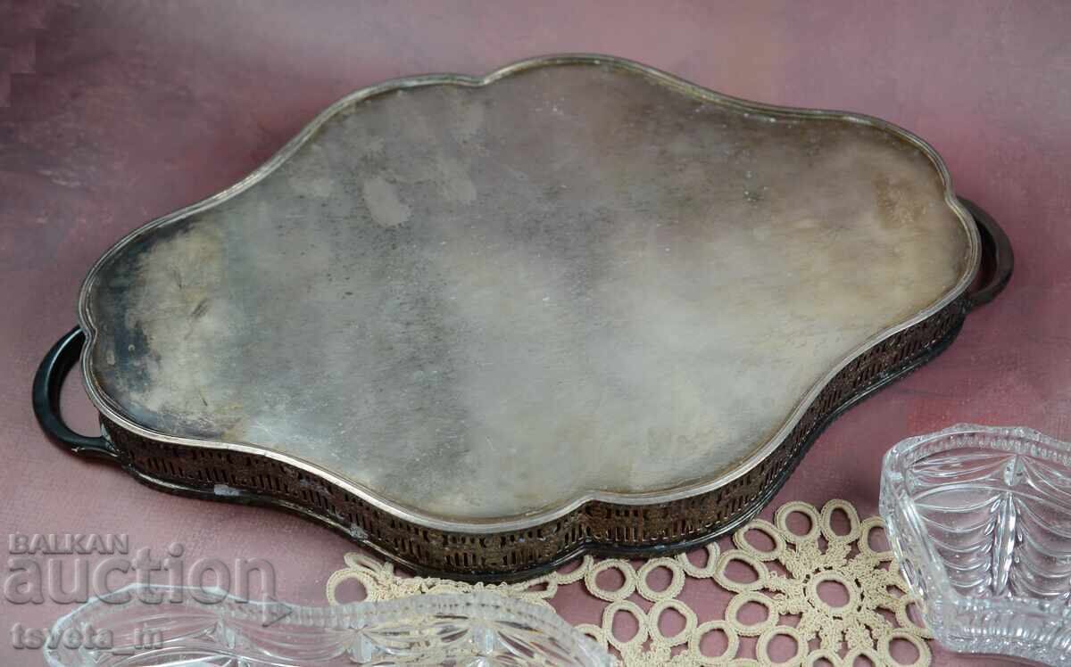 Large Silver-Plated Sheffield UK Serving Platter with Cut Crystal Dishes - 6 Large Silver-Plated Sheffield UK Serving Platter with Cut Crystal Dishes - 6